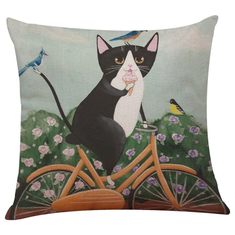 

2018 Cute Cat Riding A Bike Printed Sofa Bed Home Decorative Festival Fashion Pillow Cushion Soft Chair Pillowcase Top Quality