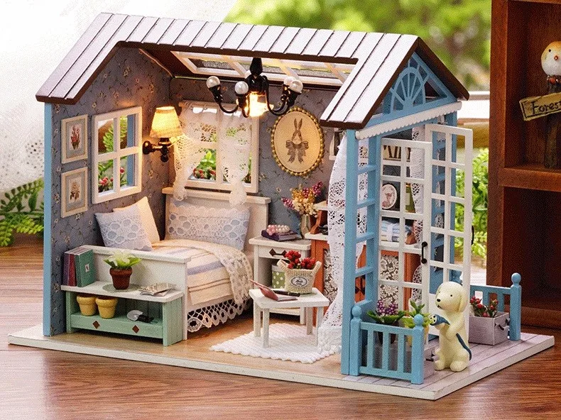Assemble DIY Doll House Toy Wooden Miniatura Doll Houses Miniature Dollhouse toys With Furniture LED Lights Birthday Gift z007 20
