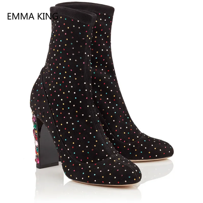 

Full Colorful Crystal Ankle Boots Women Luxury Rhinestone Studded Winter Party Casual Shoes Woman Slip On High Heels Boots Mujer