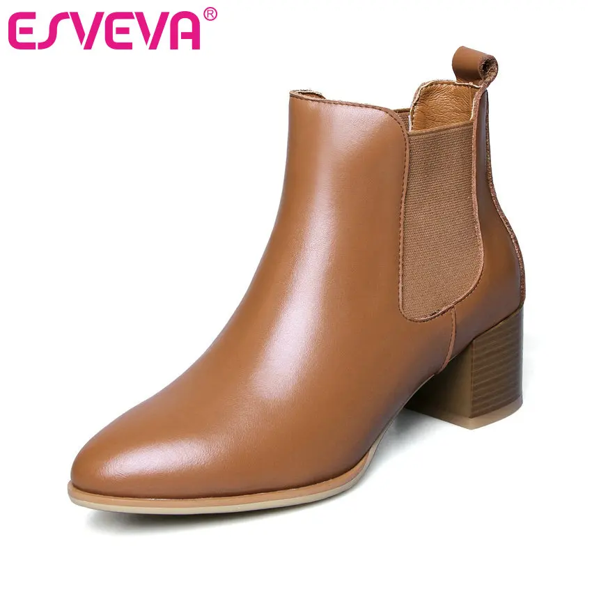 

ESVEVA 2020 Women Shoes Winter Ankle Boots Leather+pu Square Med Heel Slip On Motorcycle Fashion Platform Boots Size 34-42