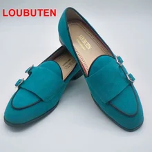 LOUBUTEN New Arrival Sky Blue Men Suede Dress Loafers Handmade Round Toe Monk Strap Leather Shoes Men Slippers Casual Flats