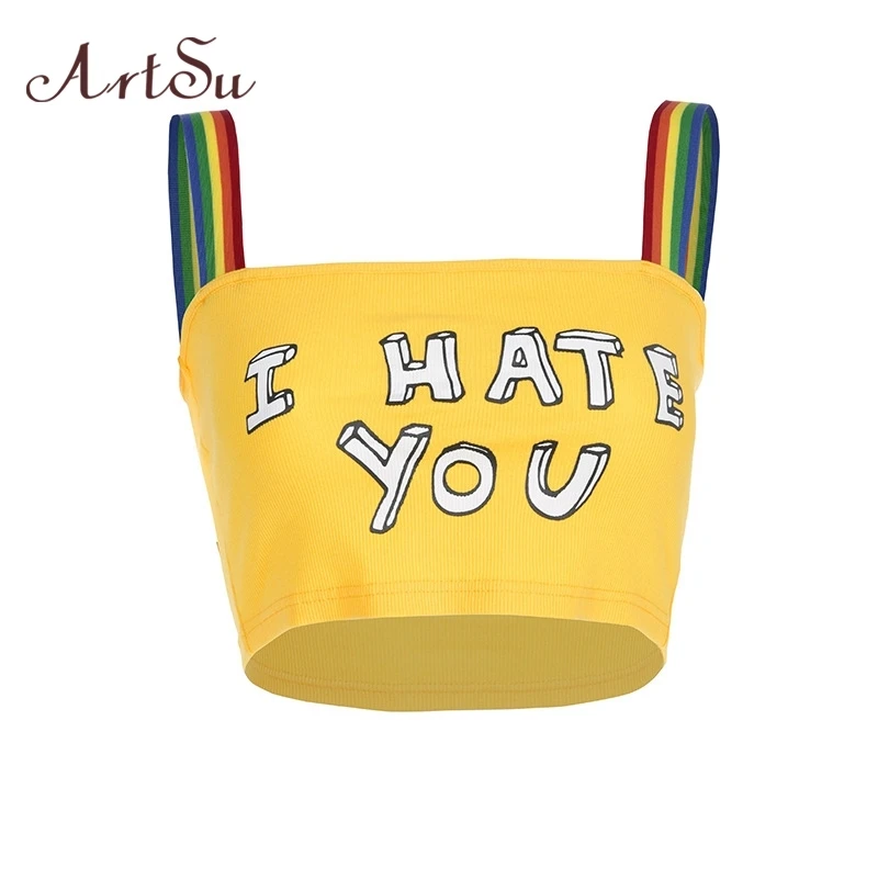

ArtSu Colorful Rainbow Strap Top Women Tank Top Cute Print Sleeveless Summer Yellow Vest Crop Tops Harajuku Streetwear ASVE20677