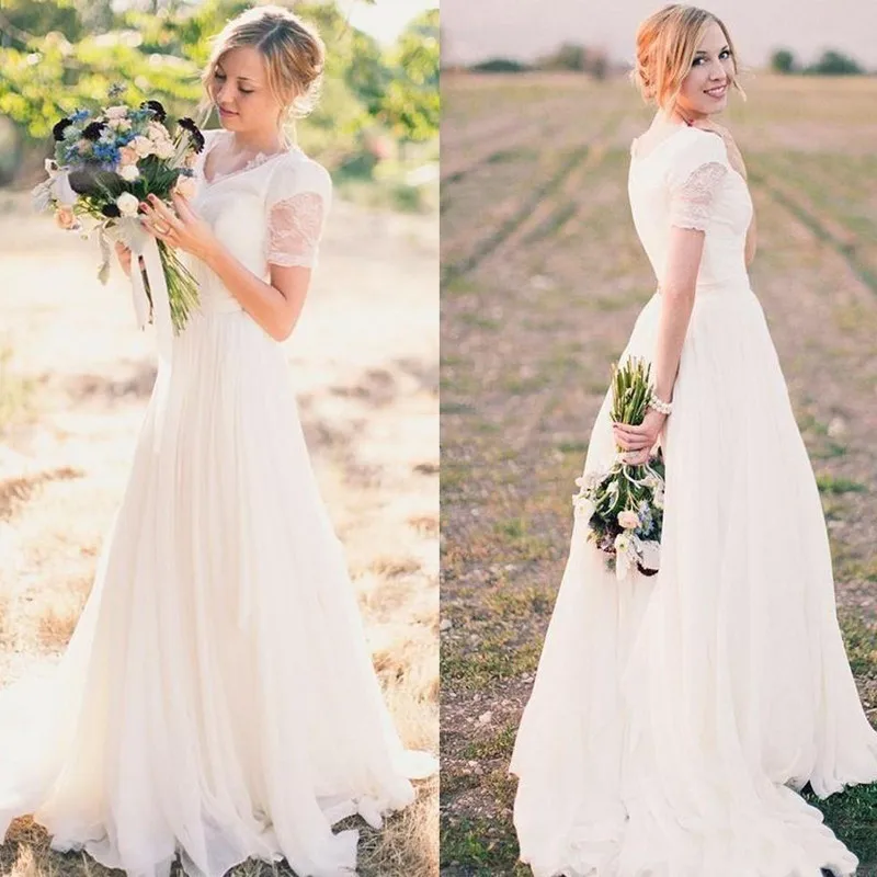 A-line Popular Short-Sleeves V-neck Chiffon Modest Lace Wedding Dresses 136