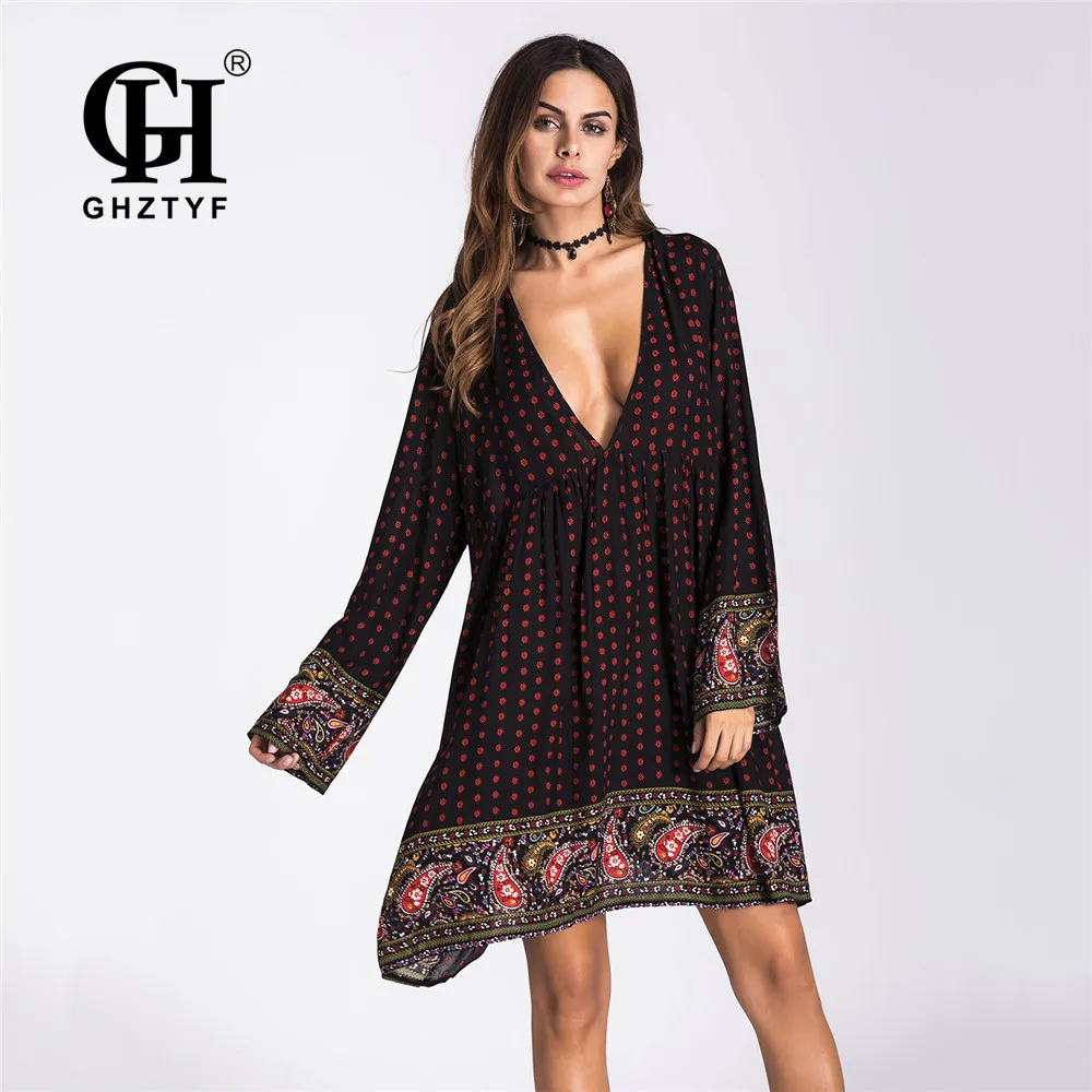 

GHZTYF Women Summer Fall Dress 2019 Femme Bohemian Beach Loose Print Long Sleeve Dresses V-neck Robe Longue
