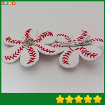 

2016 New design leather flower hair clips softball hairbow baseball hairbow