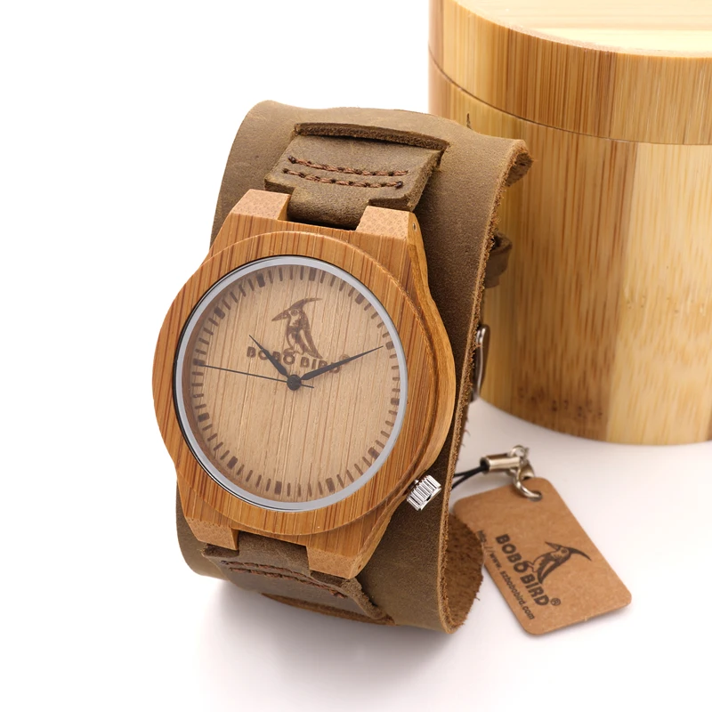 BOBO BIRD Wooden Wristwatch Mens Bamboo Dial Brown Leather Quartz Watch in Gift Box Logo Customization Available Male hodinky