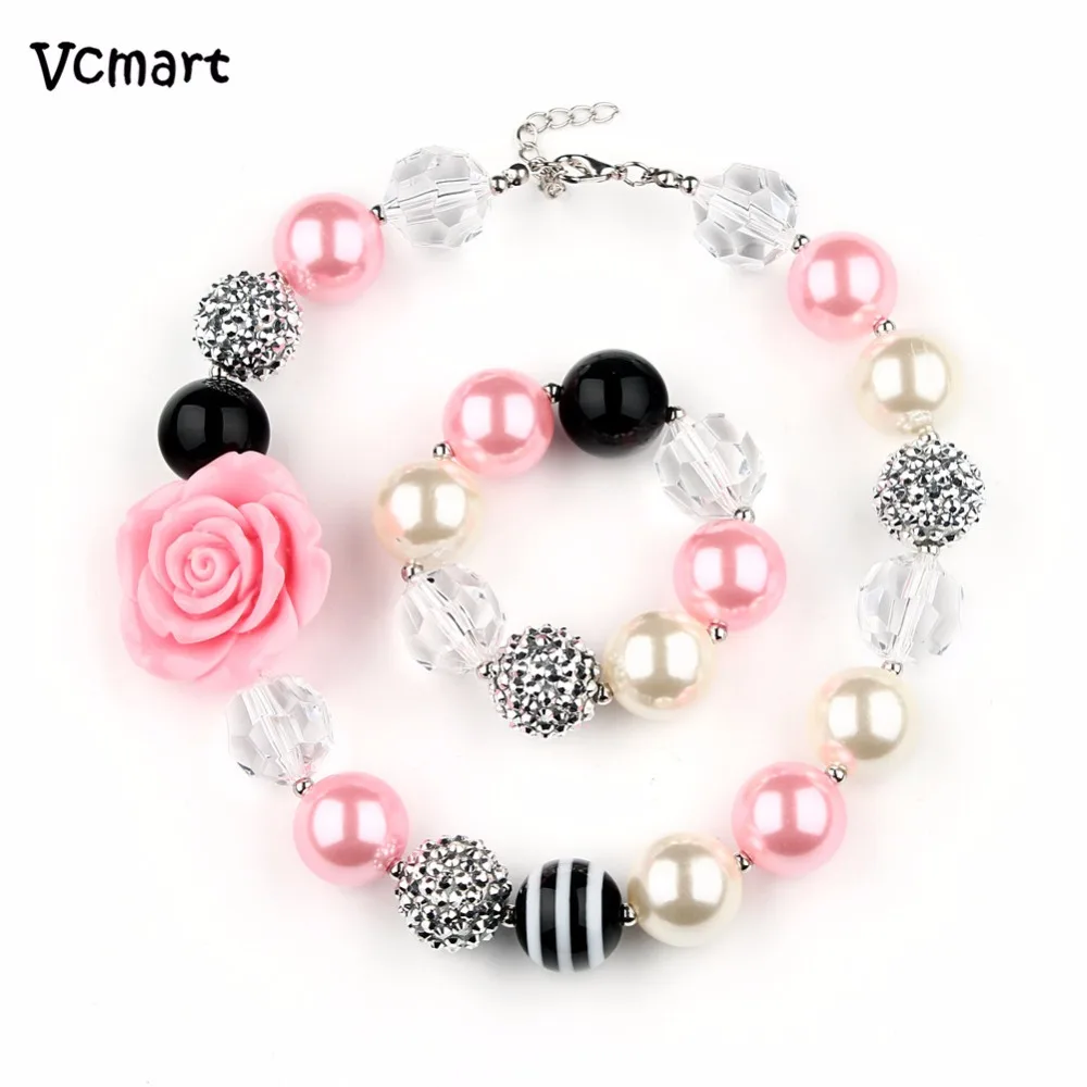 

Vcmart Cute Girls Pink Rose Necklace Set 20MM Beads Chunky Necklace Bracelet Kids Fancy Dress Jewelry Set Birthday Party