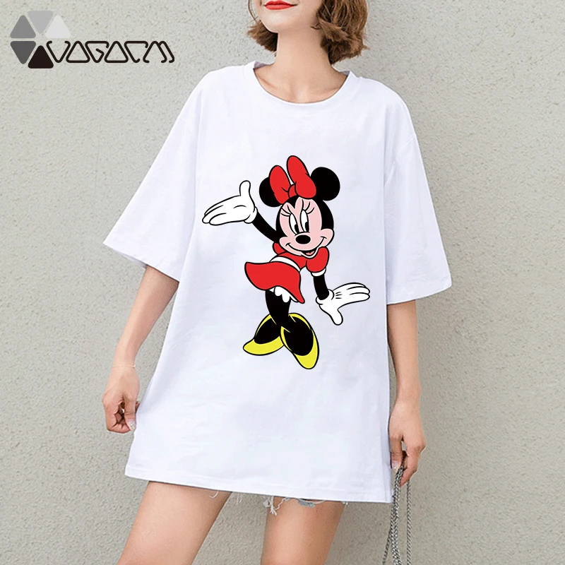 

Ne'w Summer Clothes Women Minnie Mickey Mouse Print Tops Tee Short Sleeve White Fashion Loose Harajuku Cartoon Plus Size T Shirt