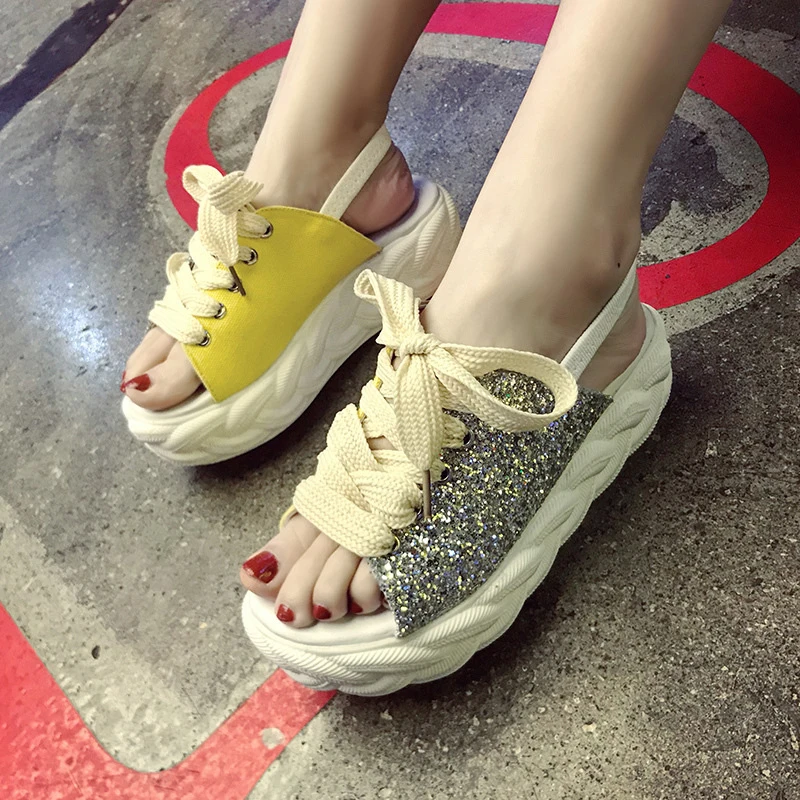 

Summer Women's Sandals High Heels Fashion Sequins Lace Up Ladies Platform Sandals Shoes Woman 2019 Summer Beach Sandal Shoes