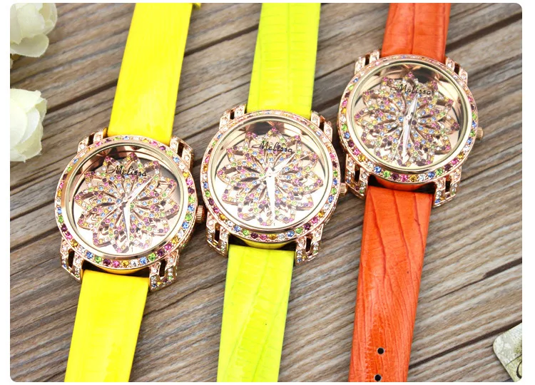 Женские часы Япония кварцевые модные кожаный браслет Роскошные конфеты Кристалл Рождество девушка подарок на день рождения Melissa