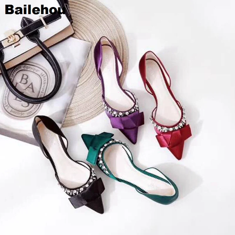 Bailehou/женские балетки на плоской подошве; элегантные шелковые туфли со стразами на плоской подошве; женские свадебные туфли с узлом бабочкой; женские балетки