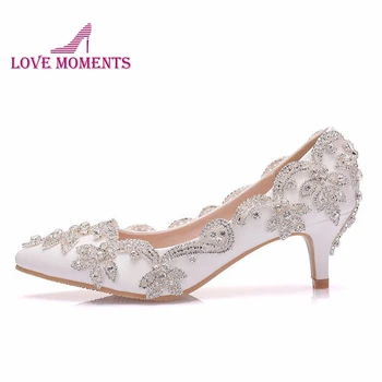

Pointed Toe white color Wedding Shoes 5cm comfortable kitten heel bridal dress shoes gorgeous bridesmaid shoes dacing party pump