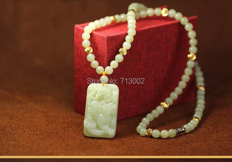 

Nature Milk white jadite fortune Lion Beast Pendant Amulet 6mm Beads Necklace*Certificate
