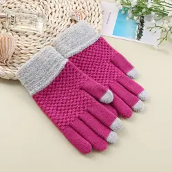 Thinkthendo Для женщин зимние теплые однотонные Цвет толстые Сенсорный экран вязать ткань стрейч glovess