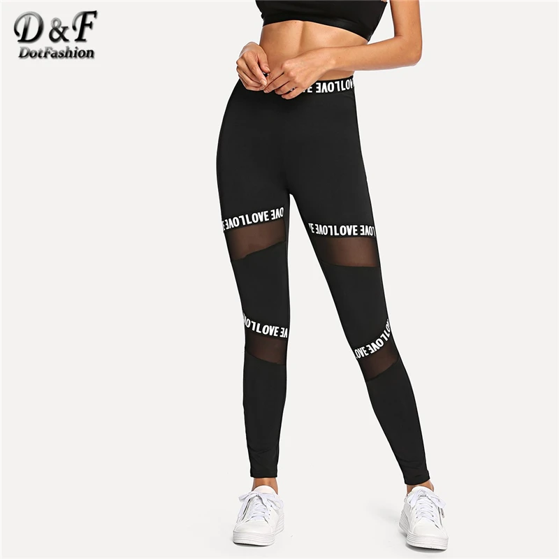 

Dotfashion Black Sheer Mesh Contrast Letter Leggings Women Casual Bottoms Spring Autumn New Pants Female Sporty Long Leggings