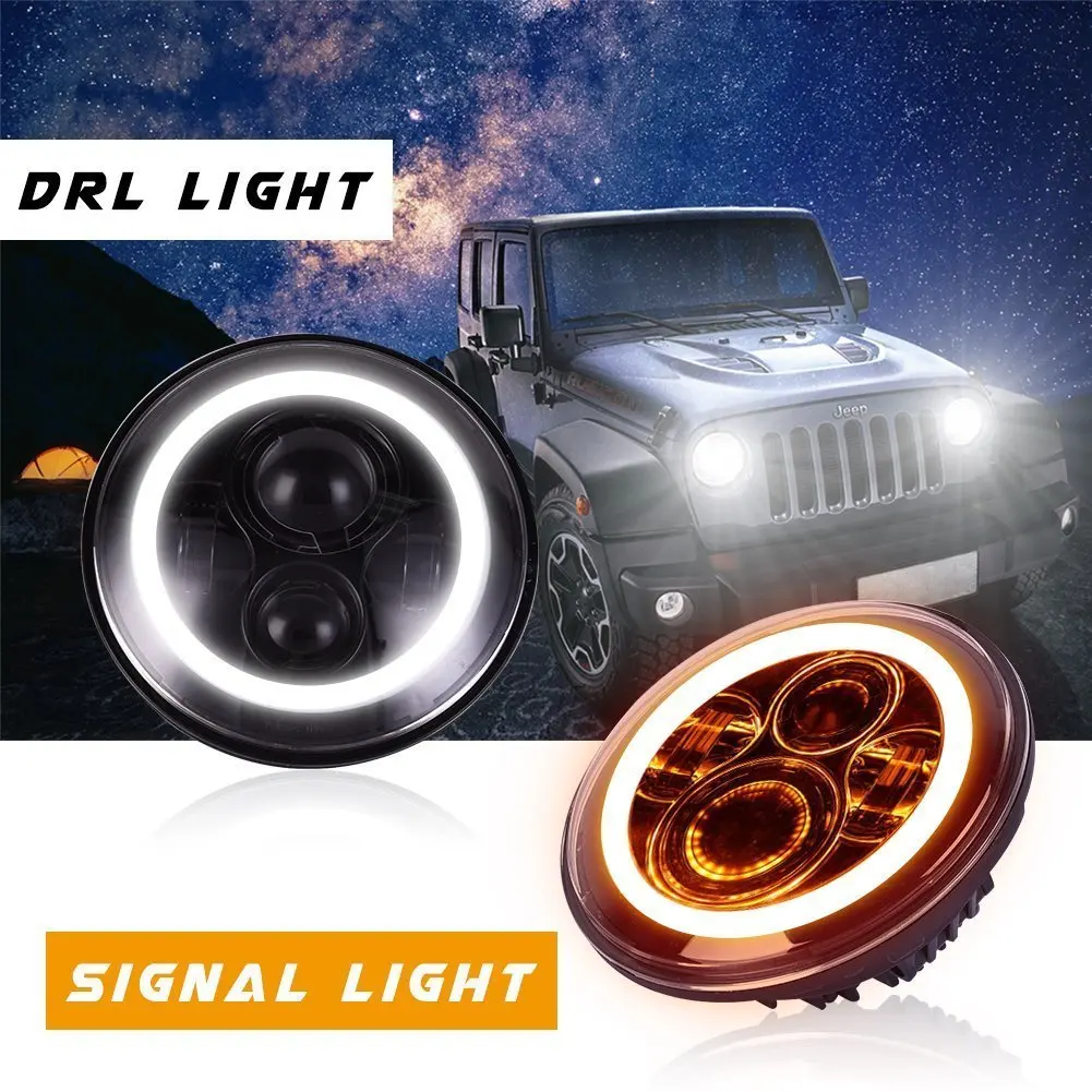 

2PCS/SET 7" 75W Led Headlight H4 H13 Round Shape Headlights With Yellow & Amber Angel Eyes For Offroad Jeep Wrangler Bike J3