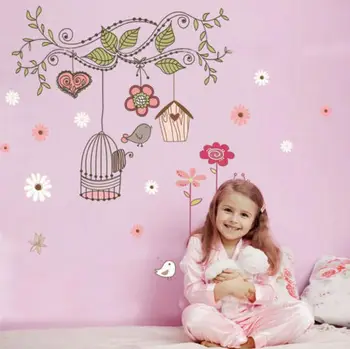 

Large Birdcage Vines Flowers Mural Wall Stickers Kids Room Decor Vinyl Decal Lovely Cartton Wall Stickers