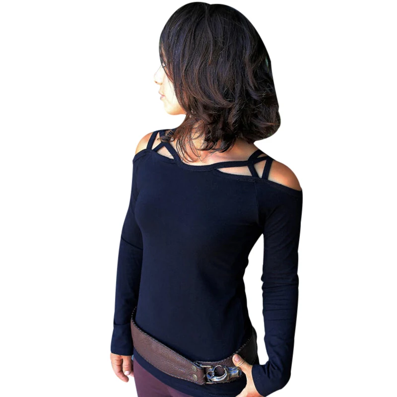 الأزياء قبالة الكتف قميص المرأة الخريف طويلة الأكمام القمصان النسائية الجوف خارج تي قمم السيدات سليم الصلبة تي شيرت blusas f3