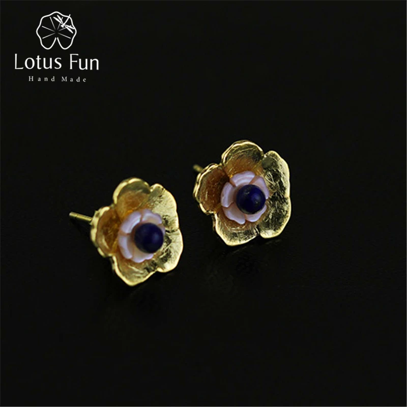

Lotus Fun Real 925 Sterling Silver Natural Lapis Creative Handmade Fine Jewelry Fresh Flower Stud Earrings for Women Brincos