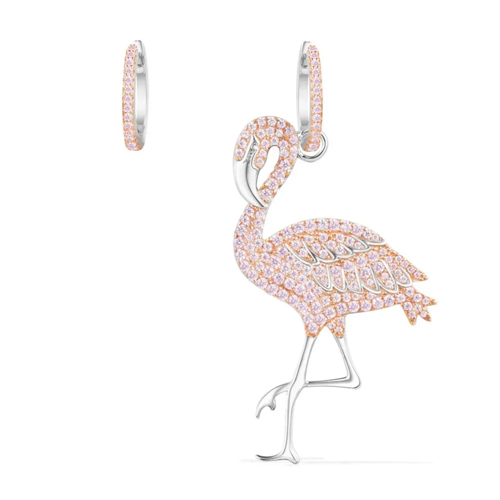 

SLJELY Monaco Jewelry 925 Sterling Silver Pink Flamingo Bird Full Micro Cubic Zirconia Earring Women Animal Asymmetric Earrings