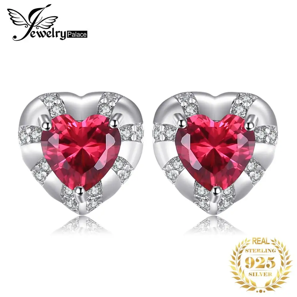 JewelryPalace Love Heart 2.28ct Created Ruby Stud Earrings Genuine 925 Sterling Silver Party For Women Fine Jewelry | Украшения и