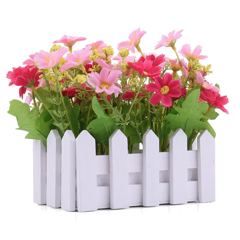 

New Artificial Flowers Small Potted Plant Fake Chrysanthemum Set in Picket Fence For Home Living Room Wedding Decoration