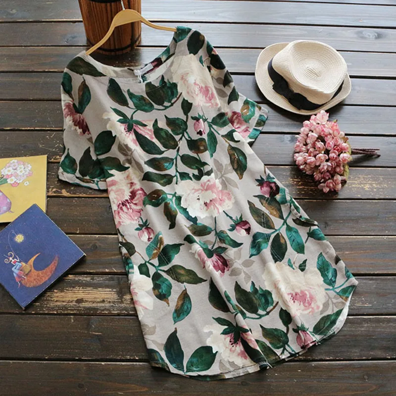 Green Leaves Peony Flower Print Long Sleeve O Neck Cotton Linen Loose