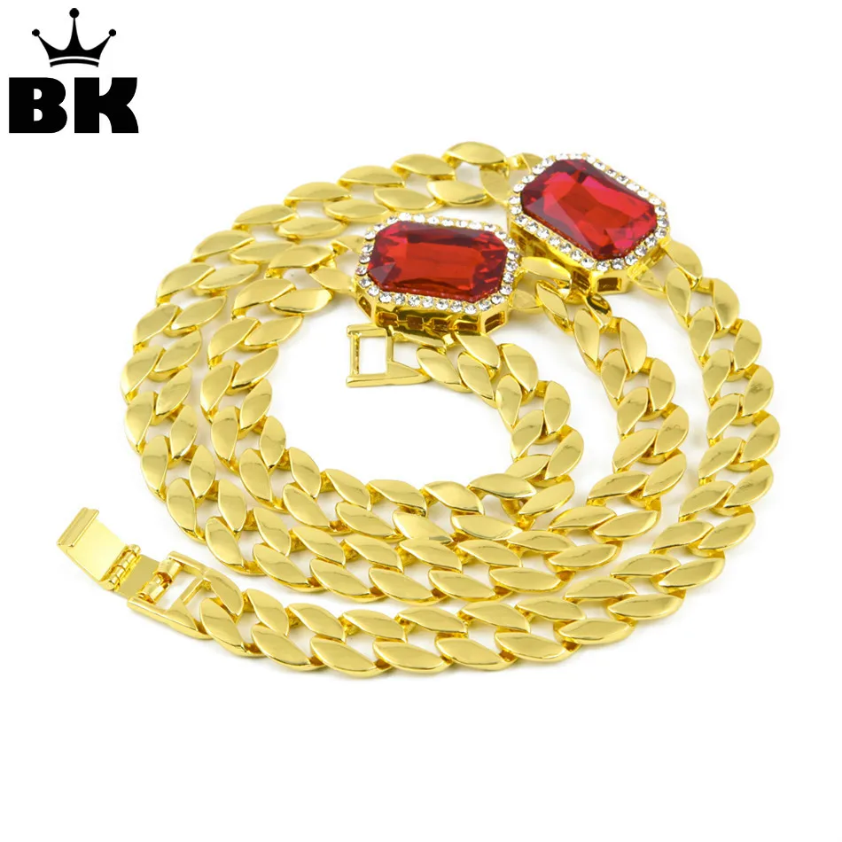 

Gold Color Miami Cuban Link Chain Red Rhinestone Necklace Gold-Tone Iced Out Square Stone Hip Hop Necklace
