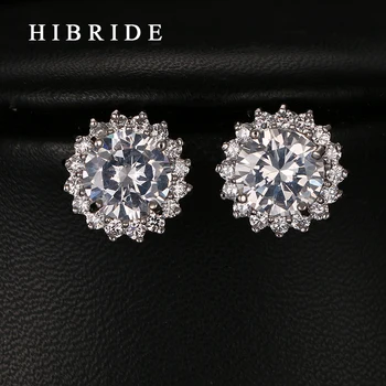 

Luxury Sun Flower Shape Cubic Zircon Earrings Round Pear Cut White Gold Color Stud Earrings For Women Gifts HIBRIDE E-241