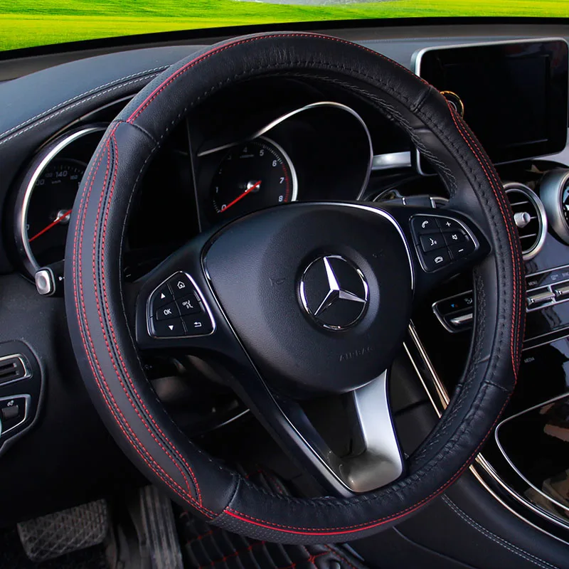 

KKYSYELVA Black Car Sport Steering Wheel Cover Leather Auto Steering Covers Universal 38CM wheel covers Car Inter Accessories