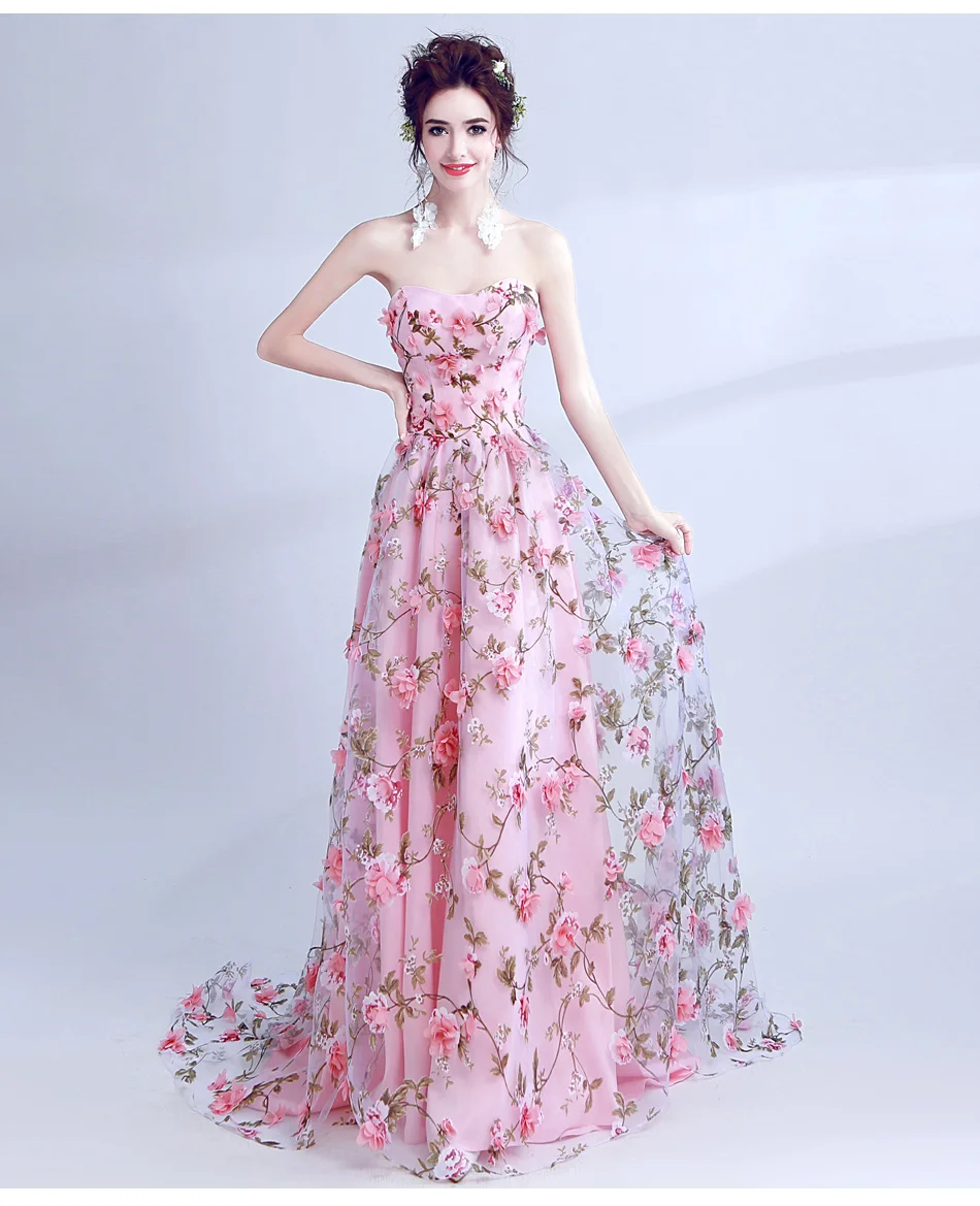 Walk Beside You Pink Flowers Prom Dresses 2020 Long Strapless Sweetheart vestido de formatura longo Evening Gown Party Halloween