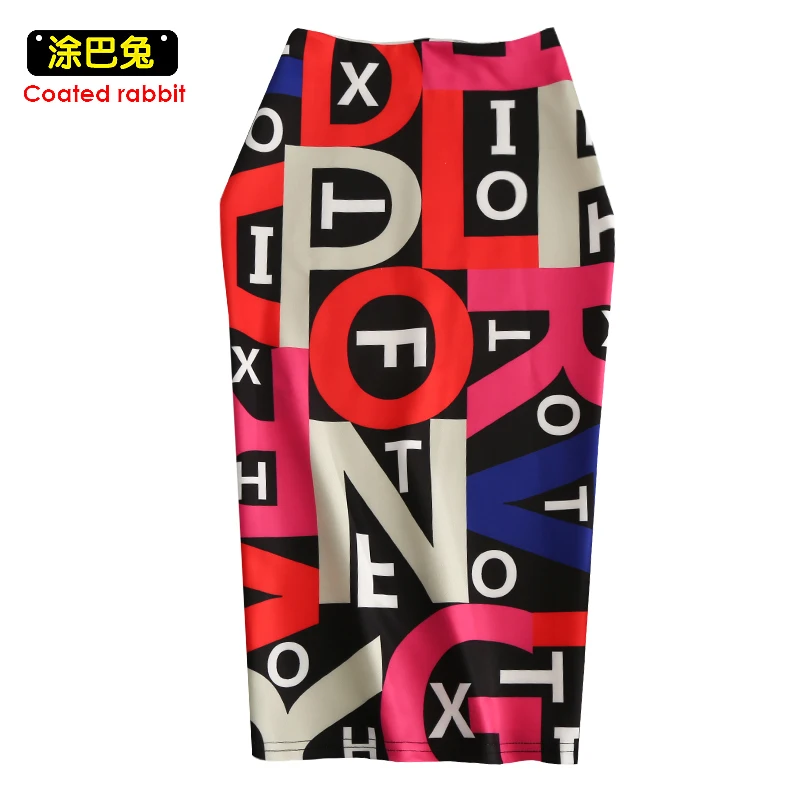 

CR Women Skirts letter Print Fashion Pencil Skirt Casual High Waist Back Split Skirts Plus Size Faldas Mujer Jupe Femme