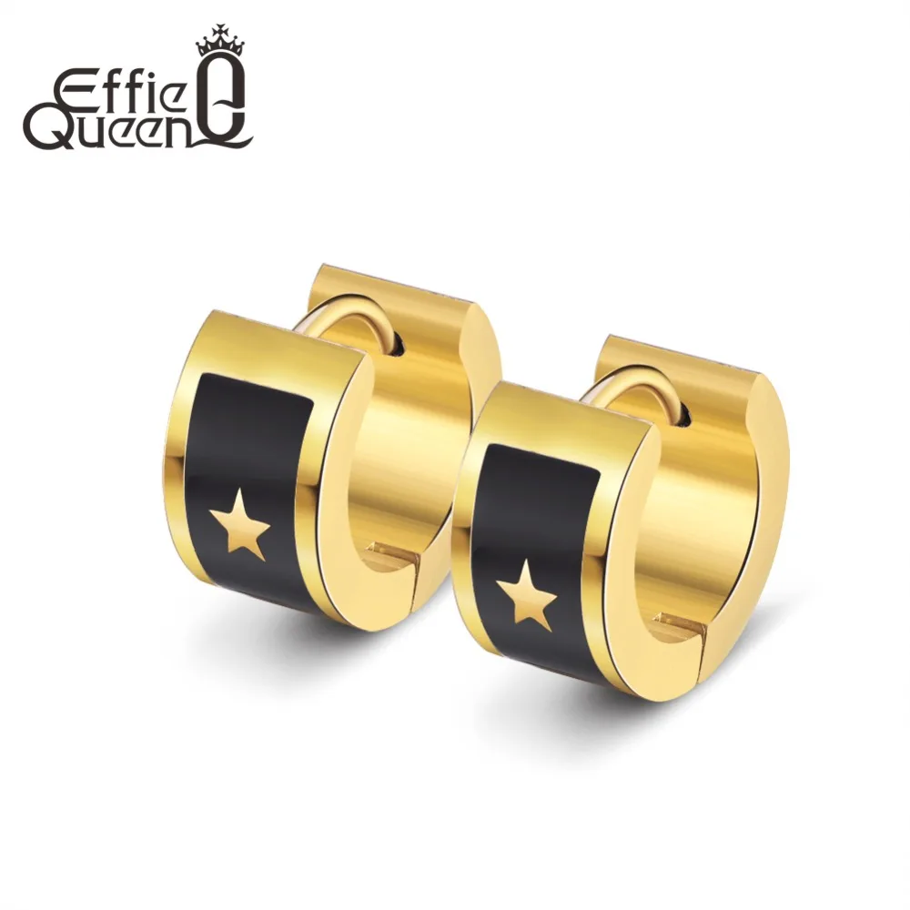 

Effie Queen Gold Silver Black Surgical Stainless Steel Earring Punk Star Pattern Ear Hoop Piercing Earrings For Men Women IE81