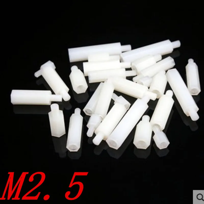 

100PCS M2.5*L+6 2.5mm thread white Hex Nylon Standoff Spacer Column Flat Head male to female Nylon Plastic Spacing Screws