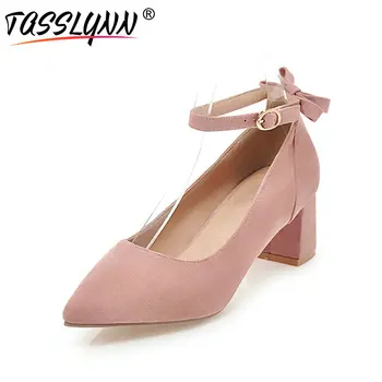 

TASSLYNN 2019 Women Pumps Pointed Toe Sweet Bow Tie Wedding Pumps Shoes Woman Ankle Strap Flock Summer Shoes Pink Size 34-43