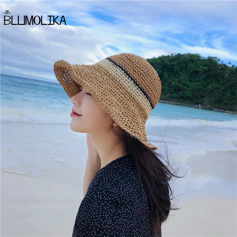 

2019 new ladies paper straw bucket hat with contrast color striped and grosgrain sweatband hand made beach sun hat for grils