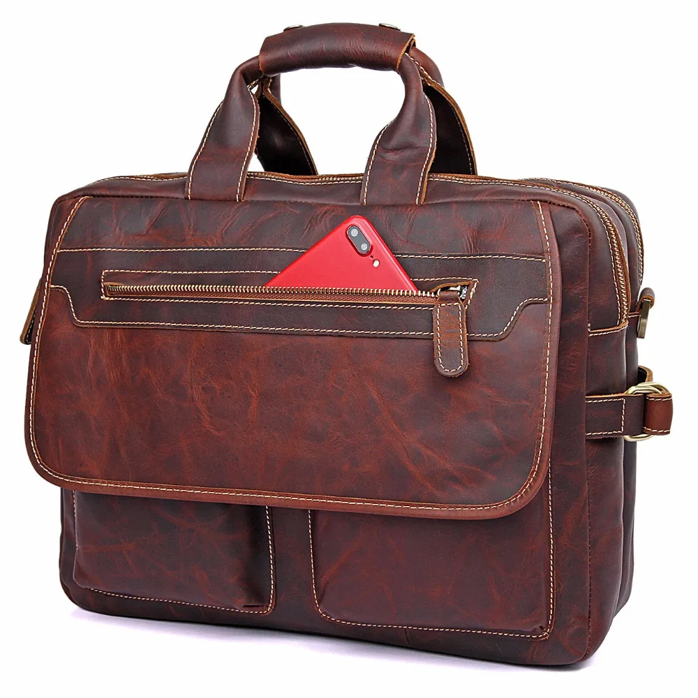 

Augus Genuine Leather Men's Briefcase Handbag Vintage Laptop Leather Bag Hot Selling Red Brown Office Bag 7085Q