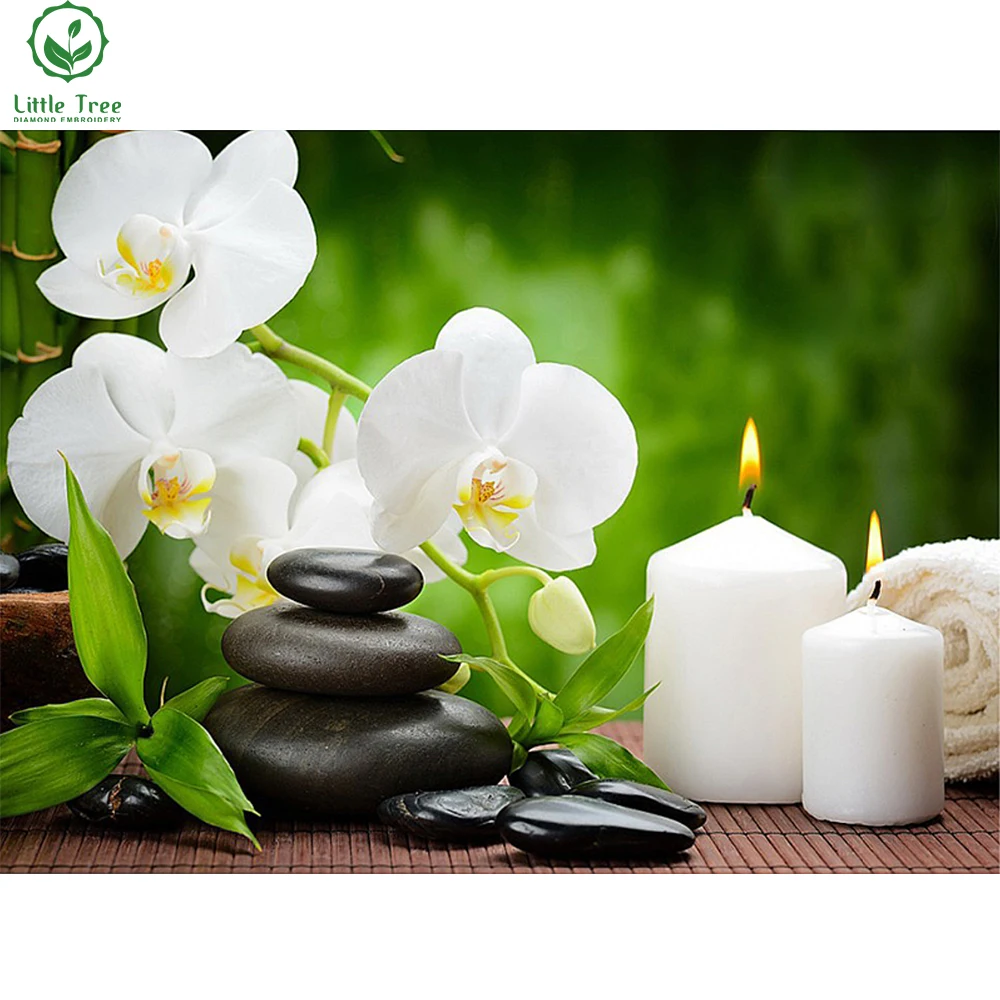 

full square stone diamond painting white orchid candle 5d diy rhinestones embroidery mosaic cross stitch handicraft wall sticker