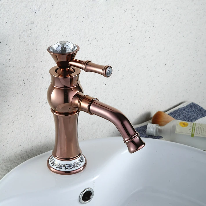 

Bathroom Sink Faucets with 360 degree spout crystal handle ceramic base Traditional Brass Rose Gold