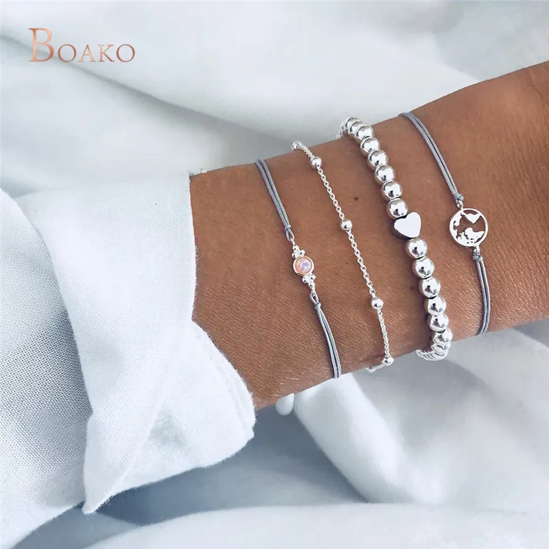 

4Pcs/Set Bohemia Fashion Charm Opal Map Heart Bracelet Set Retro Silver Beaded Bracelet Statement Jewelry Gifts Femme Pulsera S4