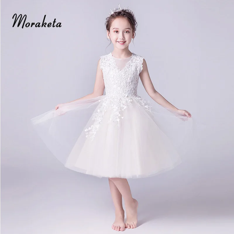 

Champagne Tulle Short Flower Girl Dresses 2019 Sleeveless Ball Gown Princess First Holy Communion Dresses For Girls