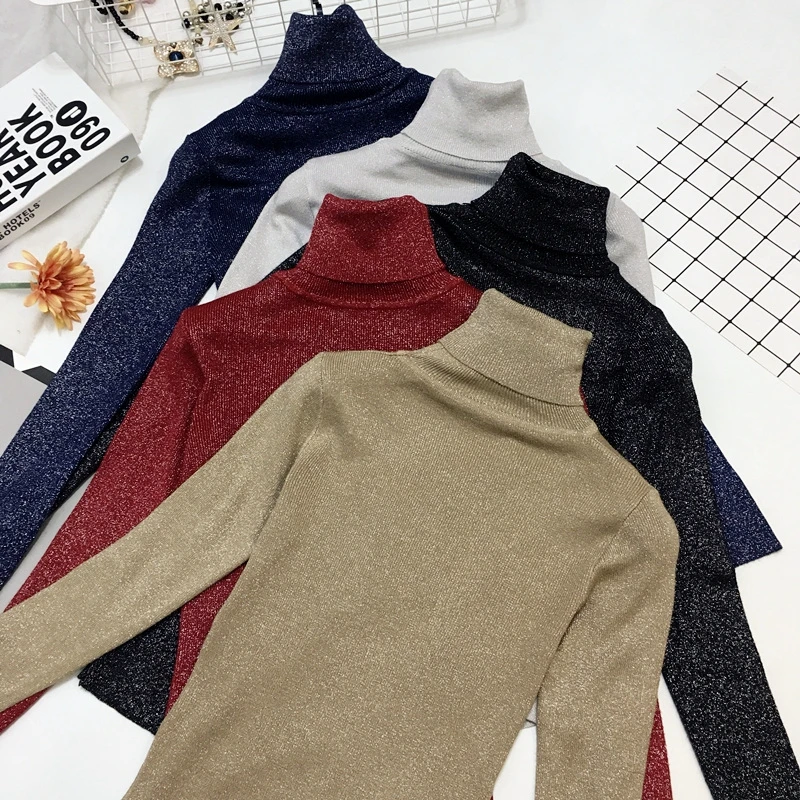 Shiny Lurex Autumn Winter Sweater Women Long Sleeve Pullover Basic Turtleneck Sweaters Tops Femme Knitted Korean Style | Женская одежда