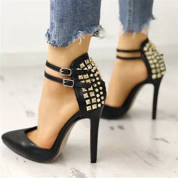 

EMMA KING Women Heels Sexy Stilettos Pointed Hollow Rivet Roman Sandals Womens Party Shoes Night Club Leather Shoes