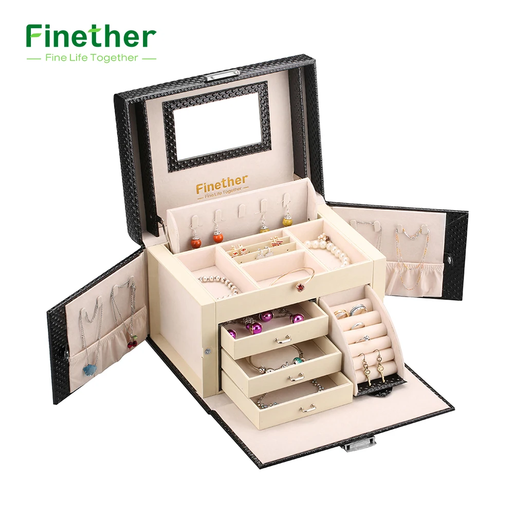 

Finether Diamond Pattern Leather Necklace Jewelry Box Lockable Makeup Storage Case Organizer with Lift-Up Lid Mirror and Drawers