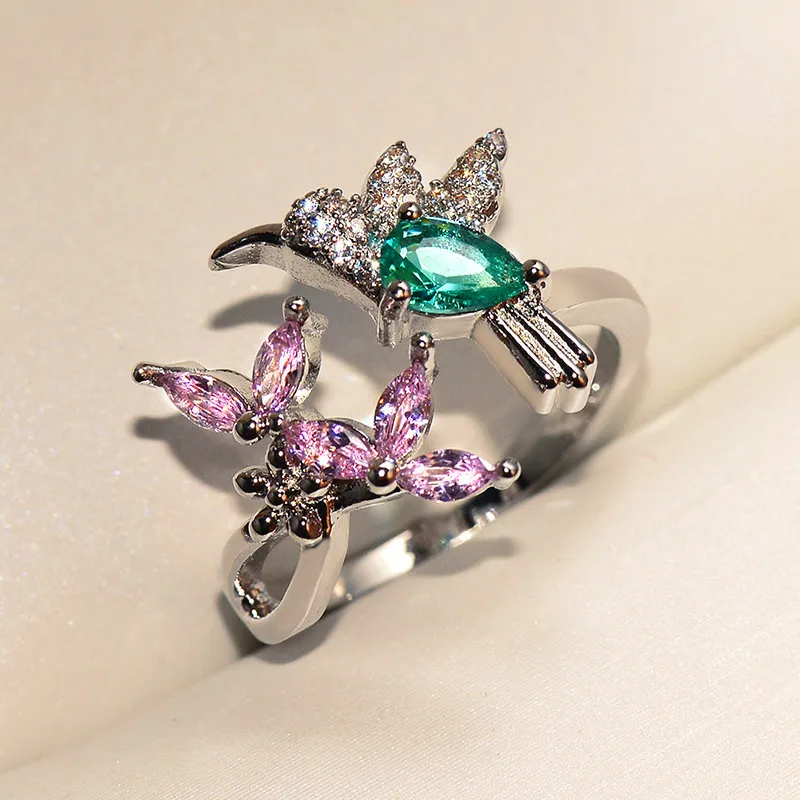 

Cute Female Birds Animal Ring Unique Style Silver Color Pink Green Wedding Ring Fashion Promise Engagement Rings For Women