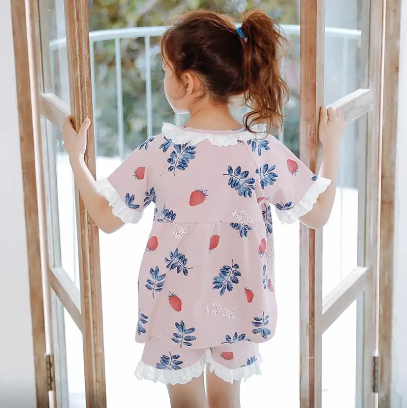 Новые летние пижамы для маленьких девочек, топы с короткими рукавами и принтом+ шорты, комплекты из 2 предметов, детская одежда для сна, хлопковая Домашняя одежда ws492