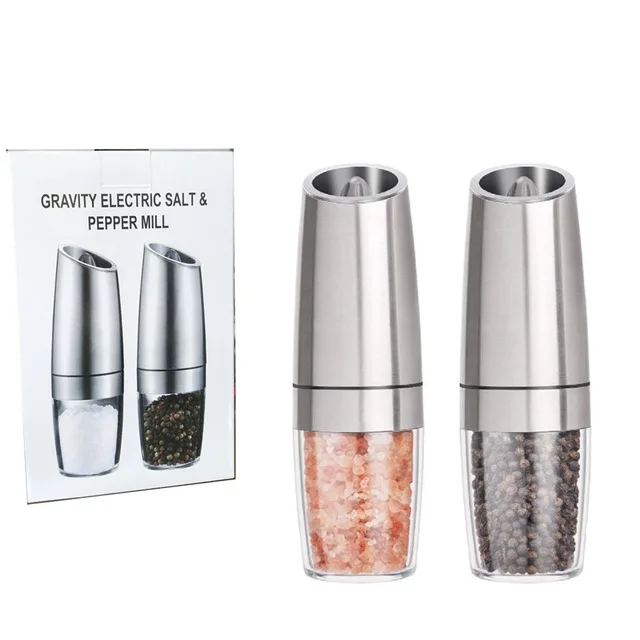 Set of 2 Electric Gravity Pepper& Salt Grinder with LED Light Automatic Adjustable Pepper Spice Mill Kitchen Grinding Tools - Цвет: set of 2 silver