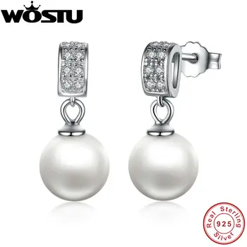 

High Quality 100% 925 Sterling Silver Drop Earrings With Clear CZ & Pearl For Women Lady Authentic Fashion Jewelry BKE006