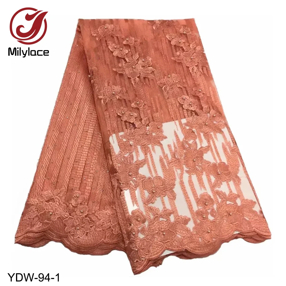 

French Lace Fabric Flowers Embroidered African Tulle Lace Fabric with Beads African Lace Fabric for Wedding YDW-94