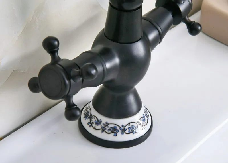 Oil Rubbed Bronze Dual Cross Handles Ceramic Base Bathroom Kitchen Basin Sink Faucet Mixer Tap Swivel Spout Deck Mounted mnf646